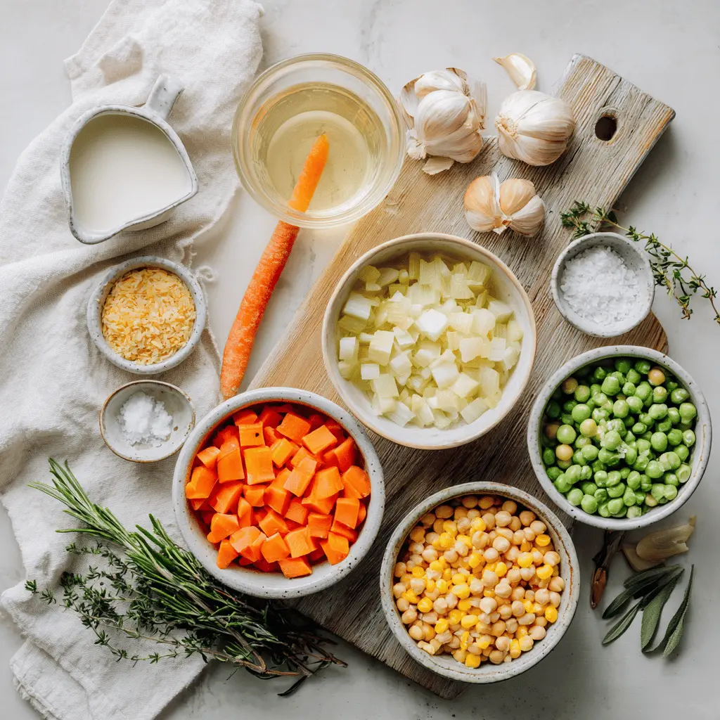Ingredients for one pot creamy vegetable soup including carrots, celery, peas, broth, and herbs displayed overhead