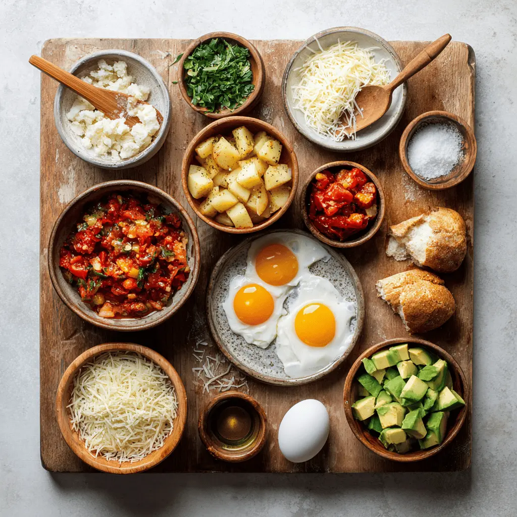 Ingredients for One Pan Shakshuka: onion, pepper, potato, eggs, crushed tomato, paprika, cumin, herbs, and bread