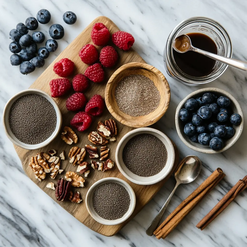 Chia pudding ingredients: almond milk, espresso shot, vanilla protein powder, chia seeds, and honey laid out on a rustic table