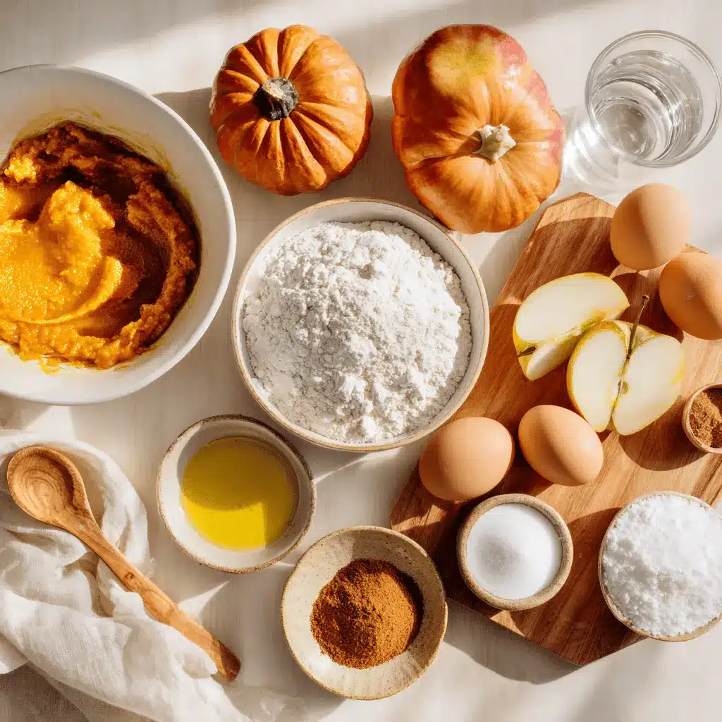 An overhead view of pumpkin apple muffin ingredients including canned pumpkin, diced apples, spices, flours, and sugars in bowls, on a white backdrop