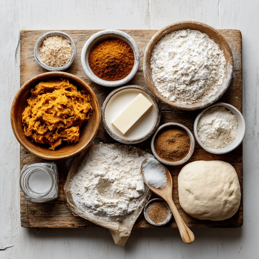 Ingredients for warm and fluffy pumpkin sourdough cinnamon rolls including pumpkin puree, sourdough starter, spices, and butter