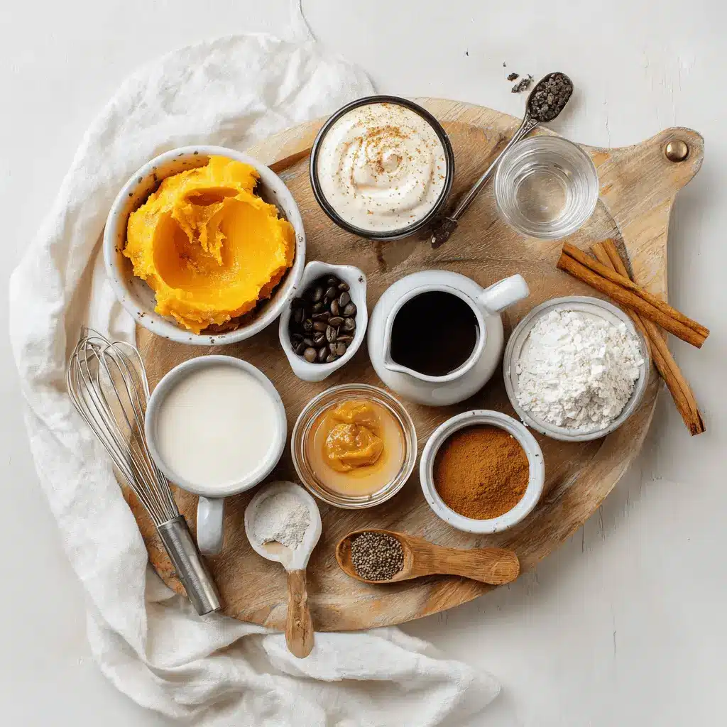 Ingredients for homemade pumpkin spice latte recipe including pumpkin puree, maple syrup, coffee, and spices