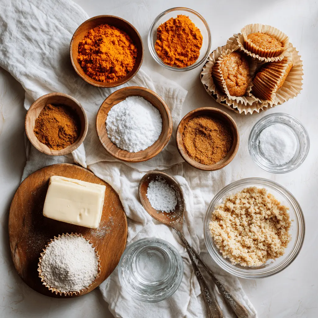 Pumpkin Streusel Muffin ingredients on white cloth including carrot cake mix, pumpkin puree, brown sugar, and cinnamon