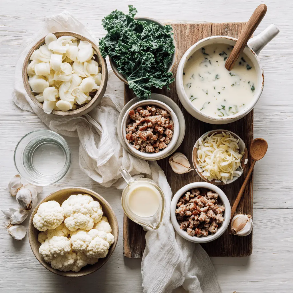 Ingredients for Quick Keto Zuppa Toscana Soup with cauliflower, Italian sausage, kale, cream, and bacon