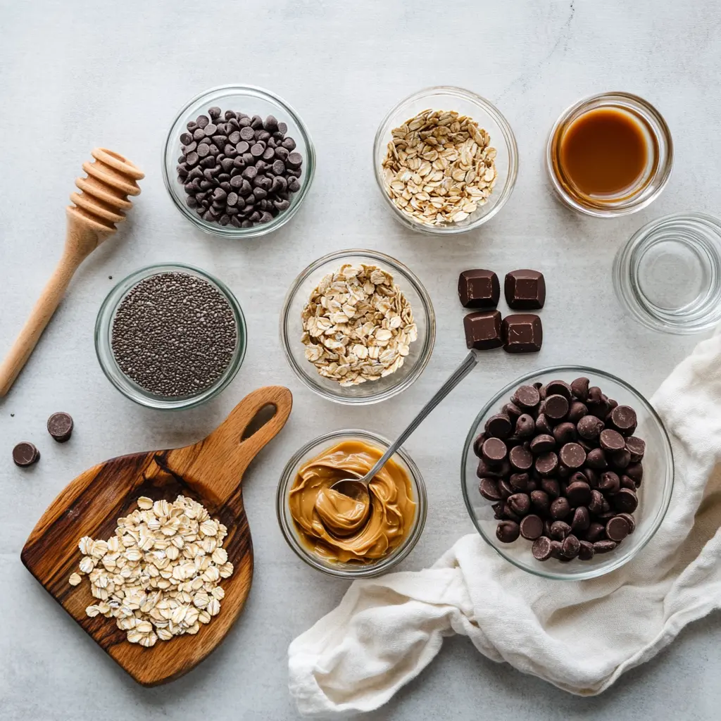 Ingredients for QUICK MONSTER COOKIE PROTEIN BALLS on a white cloth napkin in bright natural lighting