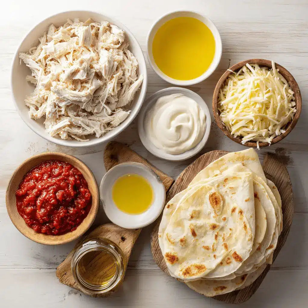 Ingredients for rolled chicken tacos including shredded rotisserie chicken, Colby Jack cheese, cream cheese, and salsa