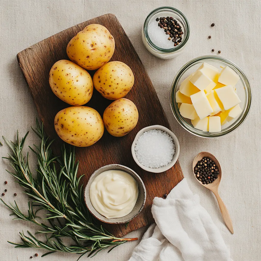 Ingredients for creamy rosemary garlic mashed potatoes with Yukon Golds