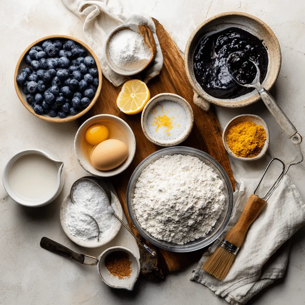 Sourdough Blueberry Pie Recipe: Irresistibly Fresh Delight 2 Ingredients for sourdough blueberry pie recipe with fresh blueberries, lemon, flour, and sourdough starter