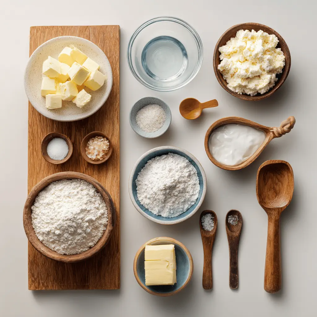 Sourdough pie crust ingredients laid out: flour, cubed butter, sourdough discard, in a rustic kitchen setting