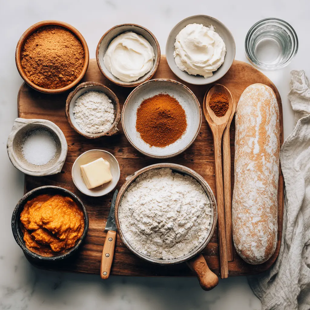 Ingredients for sourdough pumpkin cinnamon rolls including pumpkin puree, brown sugar, cinnamon, and sourdough starter
