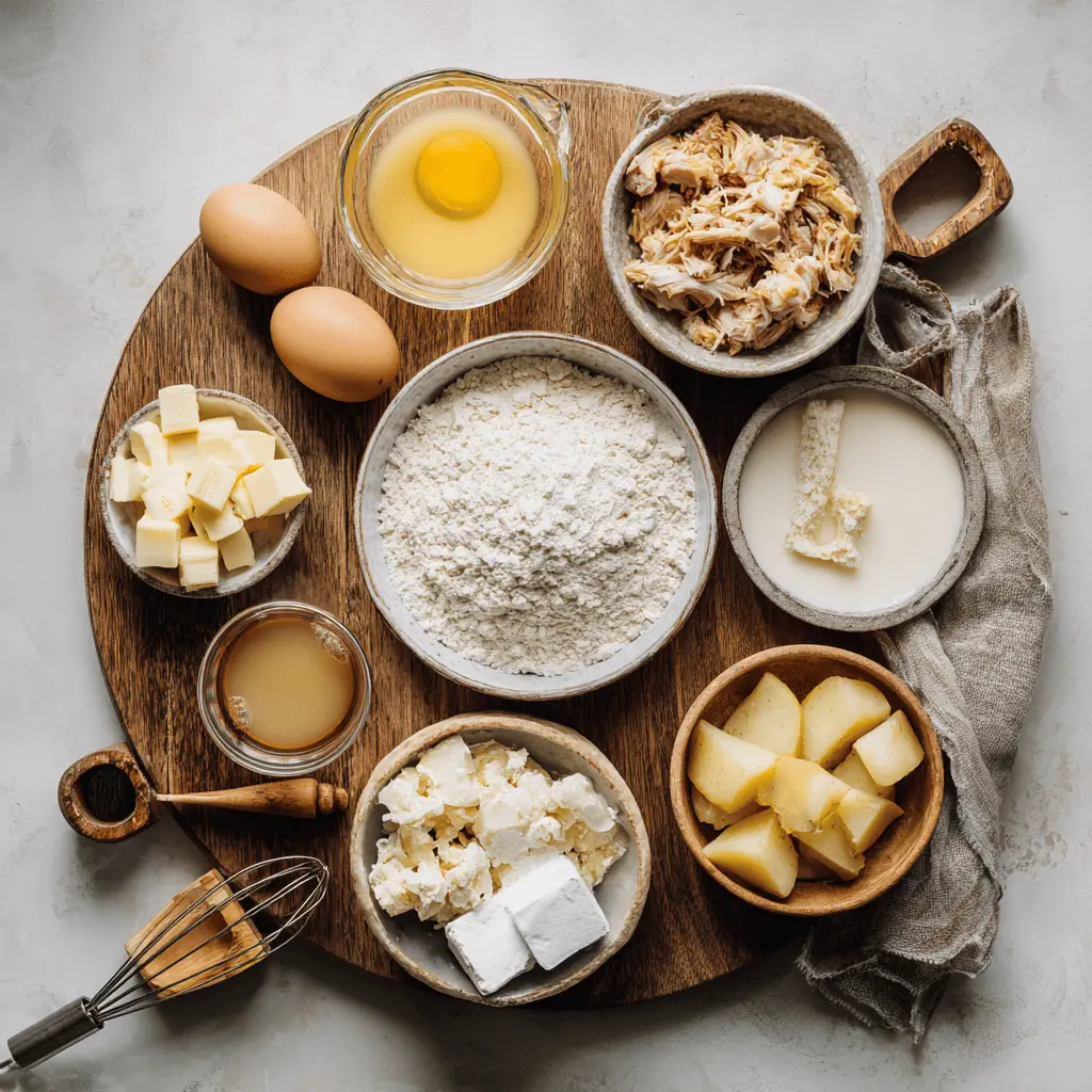 Ingredients for sourdough rotisserie chicken pot pie including rotisserie chicken, sourdough discard, vegetables, and baking tools