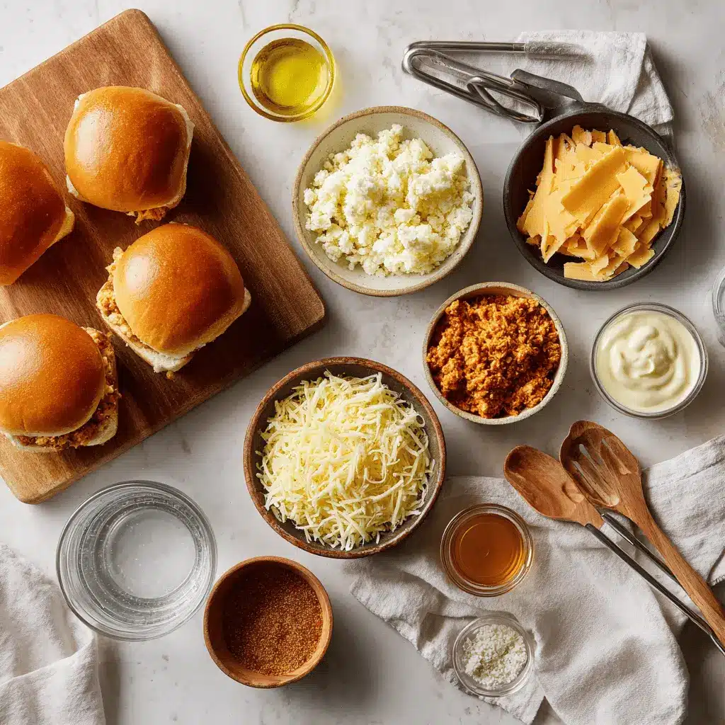 Ingredients for spicy buffalo chicken sliders including shredded rotisserie chicken, slider buns, hot sauce, shredded cheese, and garlic butter