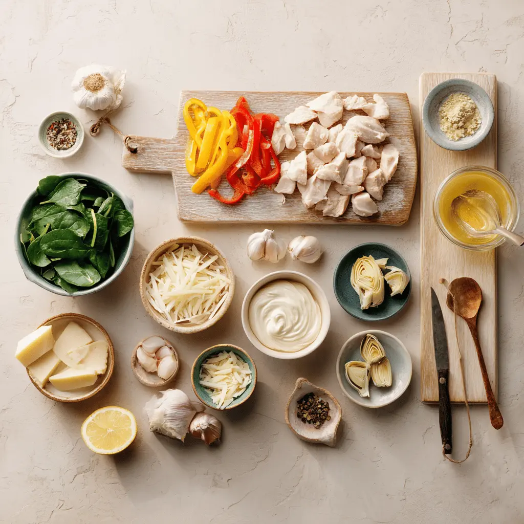 Ingredients laid out for Spinach Artichoke Chicken Bake including chopped spinach, chicken breast, artichokes, garlic, and cheese