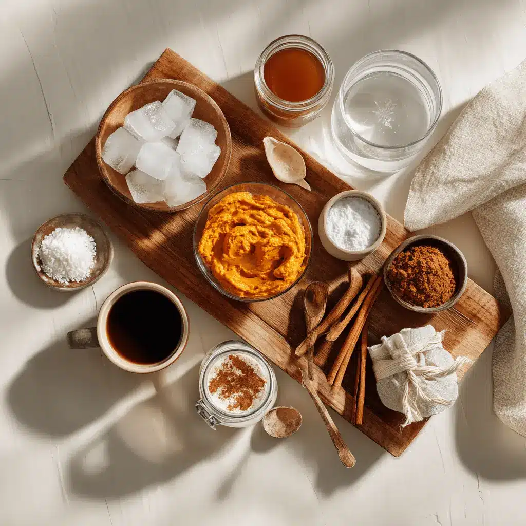 Ingredients for Starbucks Iced Pumpkin Spice Latte Copycat including pumpkin puree espresso whipped cream and spices on kitchen counter