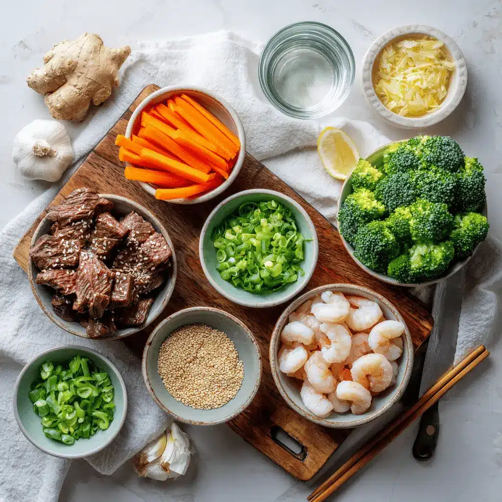 Ingredients for steak and shrimp stir fry including flank steak, raw shrimp, fresh vegetables, garlic, ginger, soy sauce on a white napkin in warm light