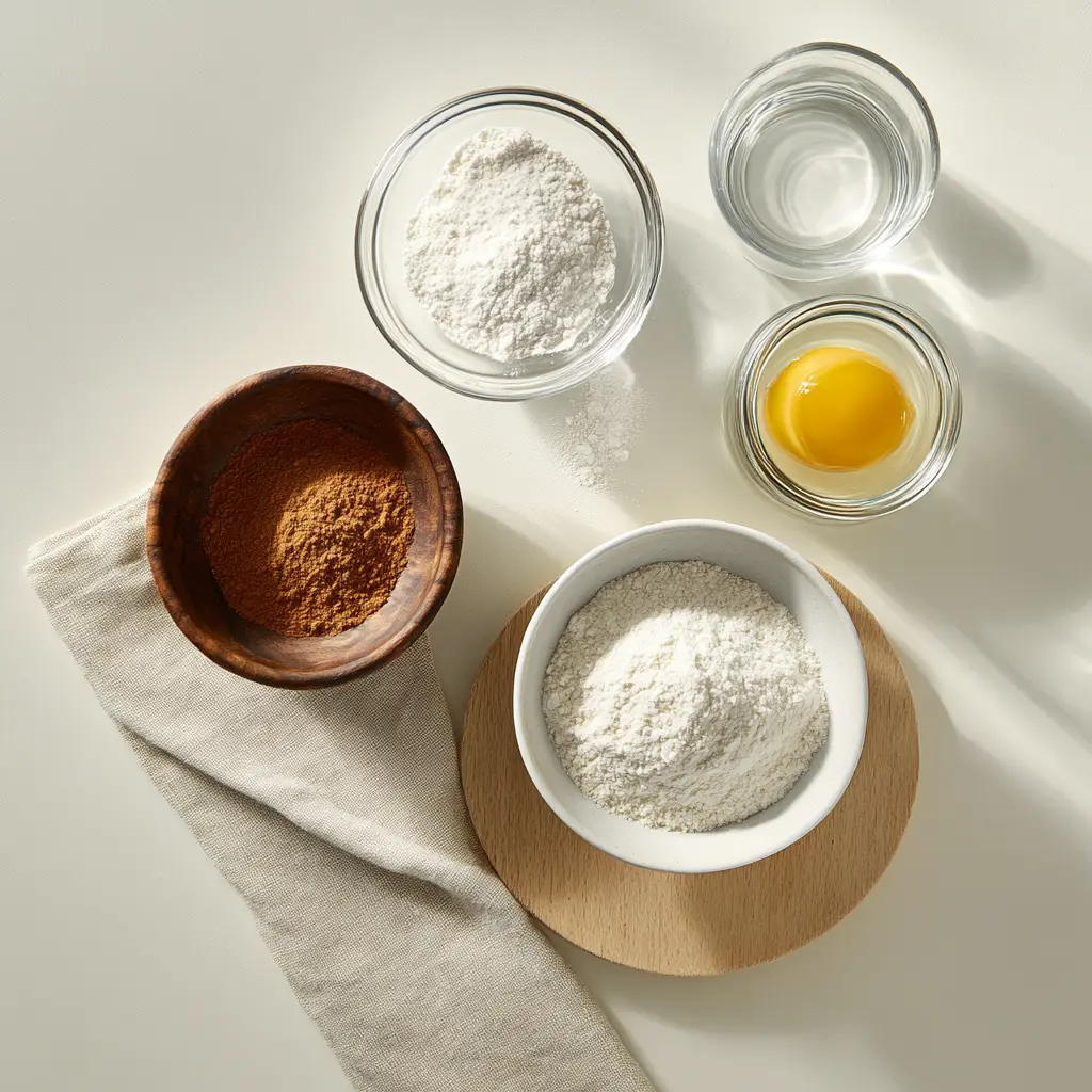 Ingredients for Sweet Air Fryer Churro Bites including flour, butter, cinnamon, sugar, and egg on kitchen counter