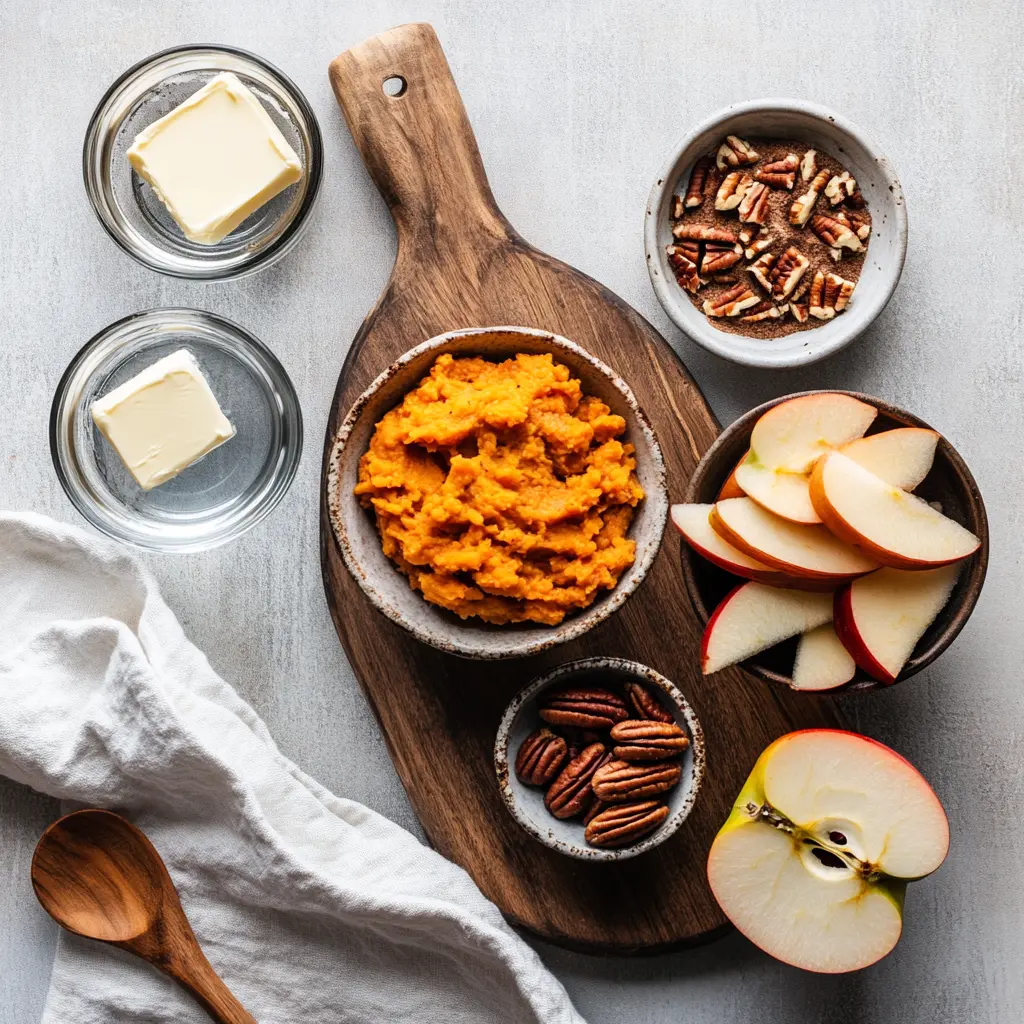 Ingredients for sweet potato breakfast bowl: mashed sweet potato, Gala apple slices, crunchy pecans, brown sugar, ground cinnamon, and melted butter