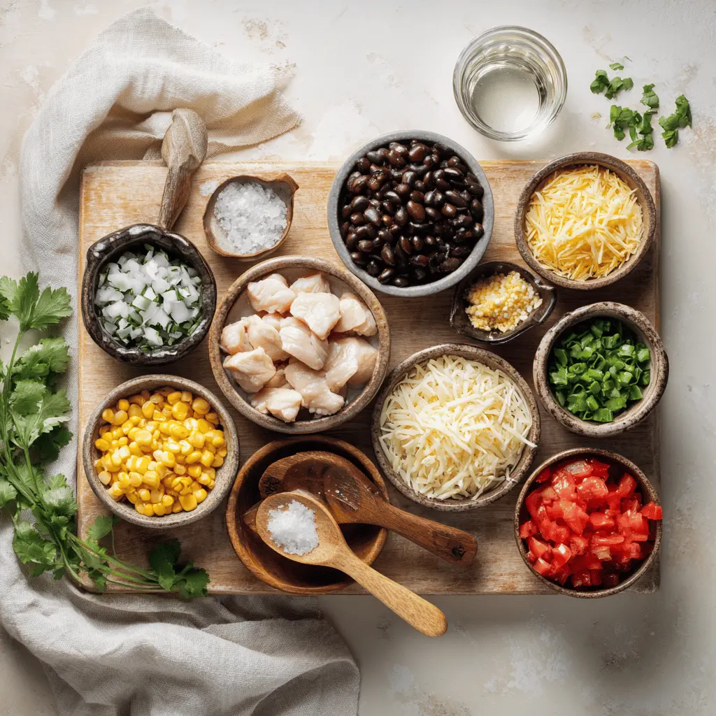 Ingredients for Santa Fe Chicken including chicken, corn, black beans, cheese, and spices on a kitchen counter