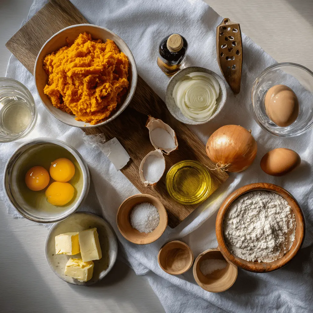 Overhead shot of shredded sweet potatoes, onions, eggs, and paprika for savory hash browns ingredients on wooden cutting board