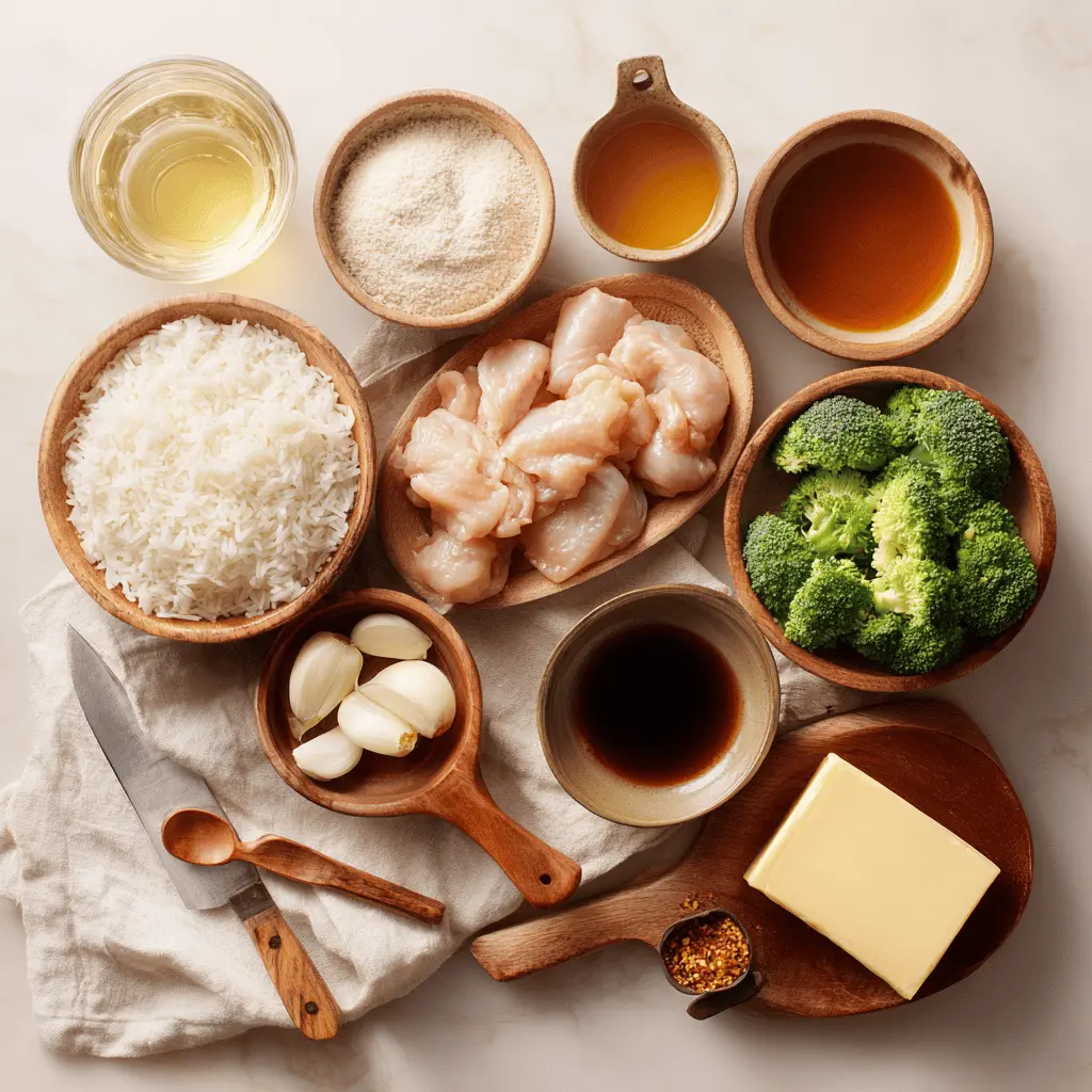 Ingredients for Slow Cooker Sticky Honey Chicken on a wooden table: diced chicken, honey, brown sugar, soy sauce, garlic, onion, and butter