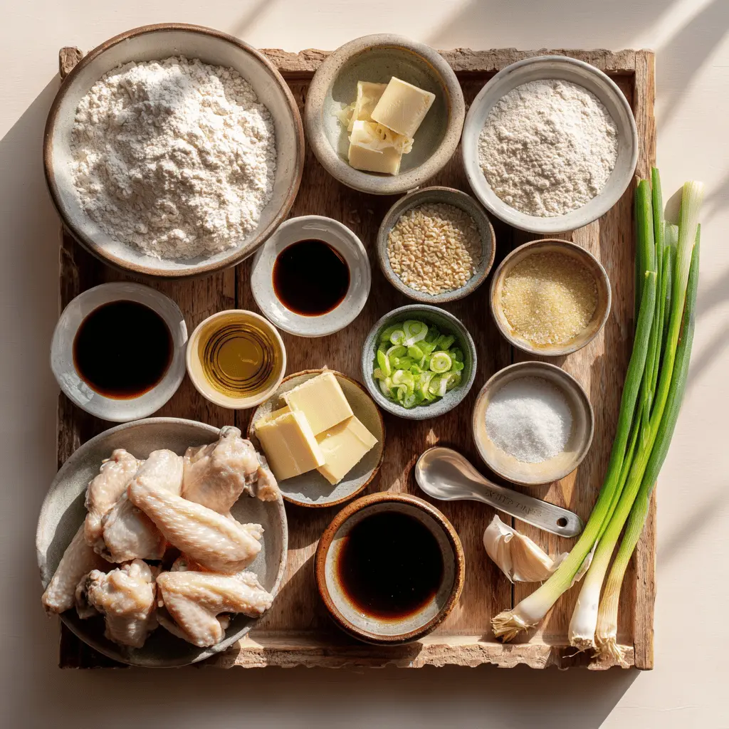 Soy Garlic Wings: Irresistibly Easy Recipe to Try Now 2 Ingredients for soy garlic wings including chicken wings, garlic, soy sauce, honey, and seasonings plated on a wooden board