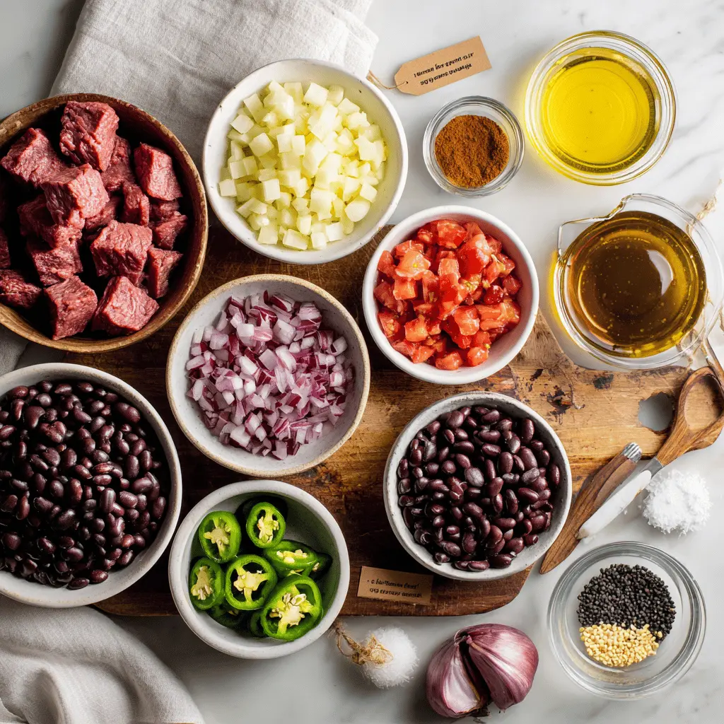Chopped ingredients for Spicy Steak Chili including bottom round roast, beans, tomatoes and spices arranged on a kitchen counter