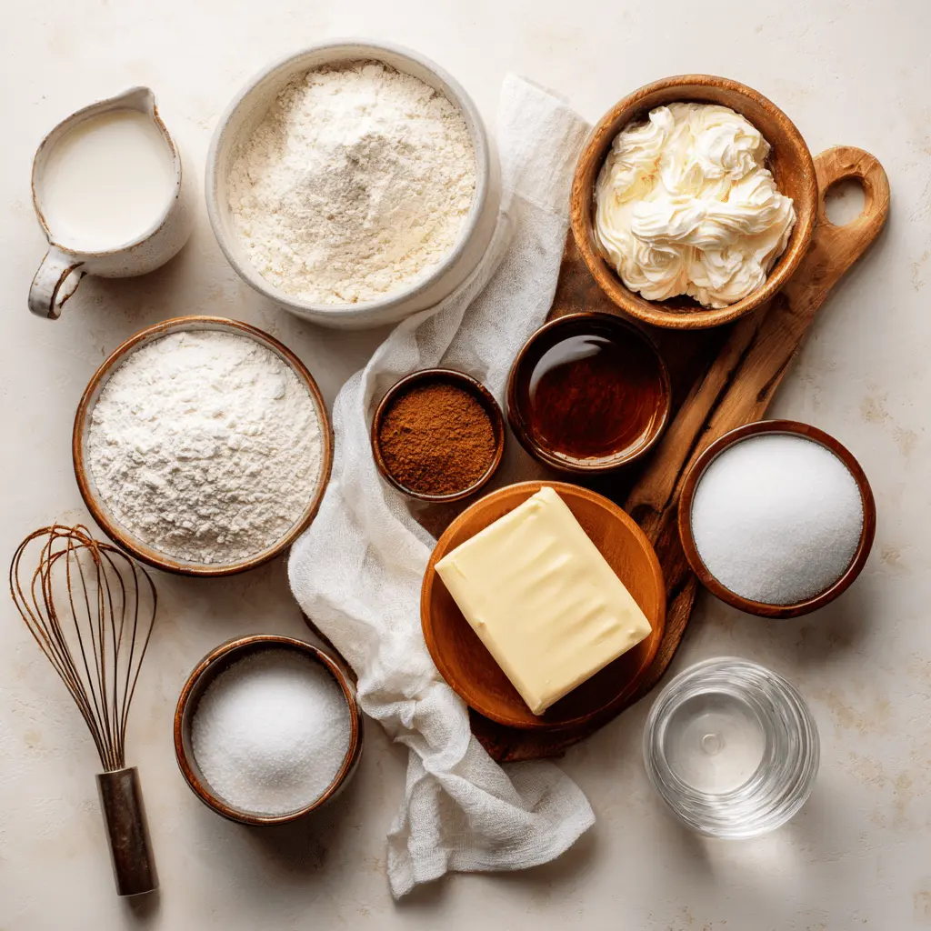 Cinnamon roll ingredients on countertop: flour, brown sugar, cinnamon, milk, butter
