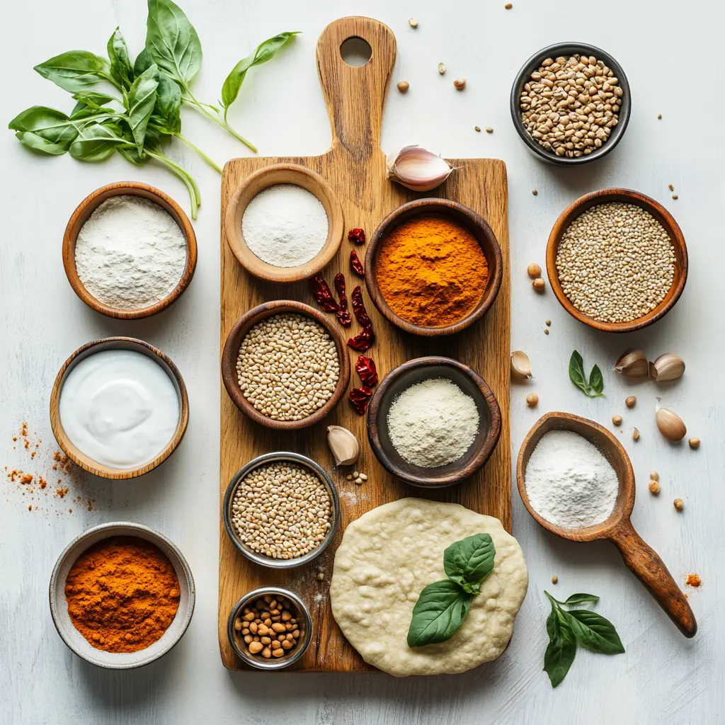 Ingredients for authentic thepla recipe including fresh fenugreek, whole wheat flour, curd, spices, and sesame seeds