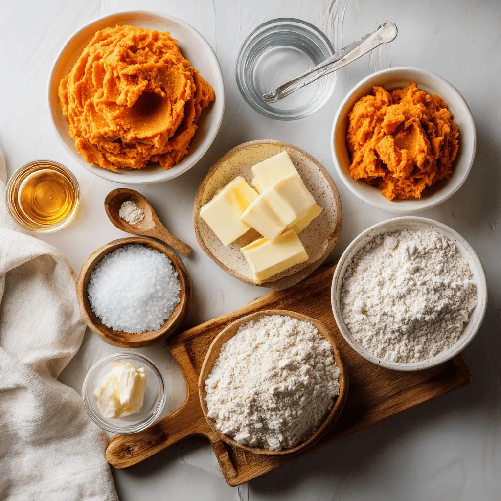 Ingredients for tasty sweet potato bread recipe: mashed sweet potatoes, flour, yeast, butter, cinnamon