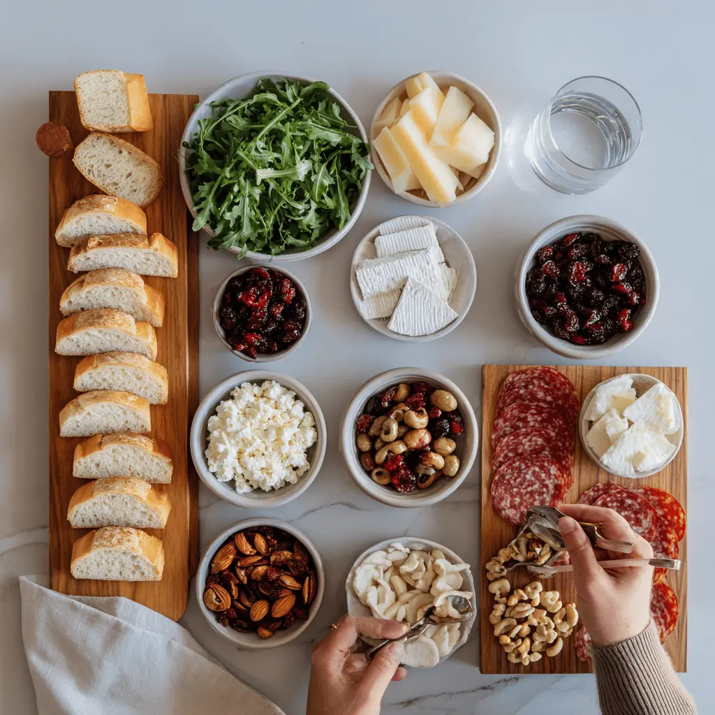 Ingredients for a Thanksgiving Cheese Board including brie, manchego, white cheddar, cranberry goat cheese, and assorted salami