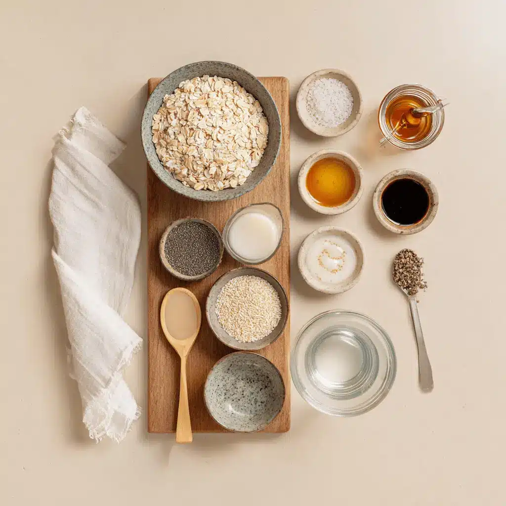 Ingredients for vanilla overnight oats recipe with chia seeds, oats, almond milk, Greek yogurt, and maple syrup
