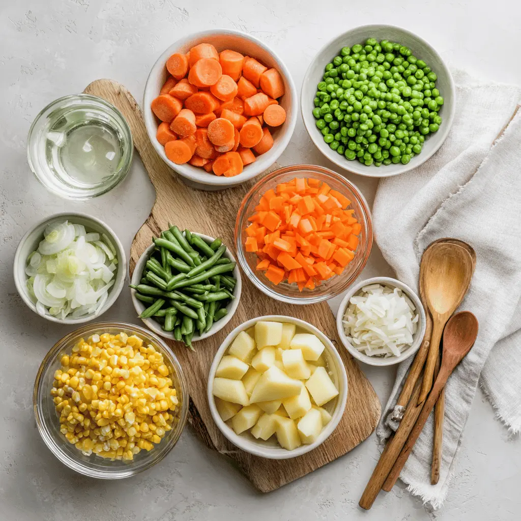 Flat lay of hearty homemade vegetable soup ingredients including carrots, potatoes, onion, canned tomatoes, and broth on white cloth napkin