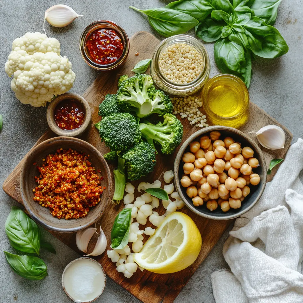 Ingredients for Veggie Quinoa Bowl with Chickpeas including quinoa, chickpeas, broccoli, cauliflower, and red pepper sauce