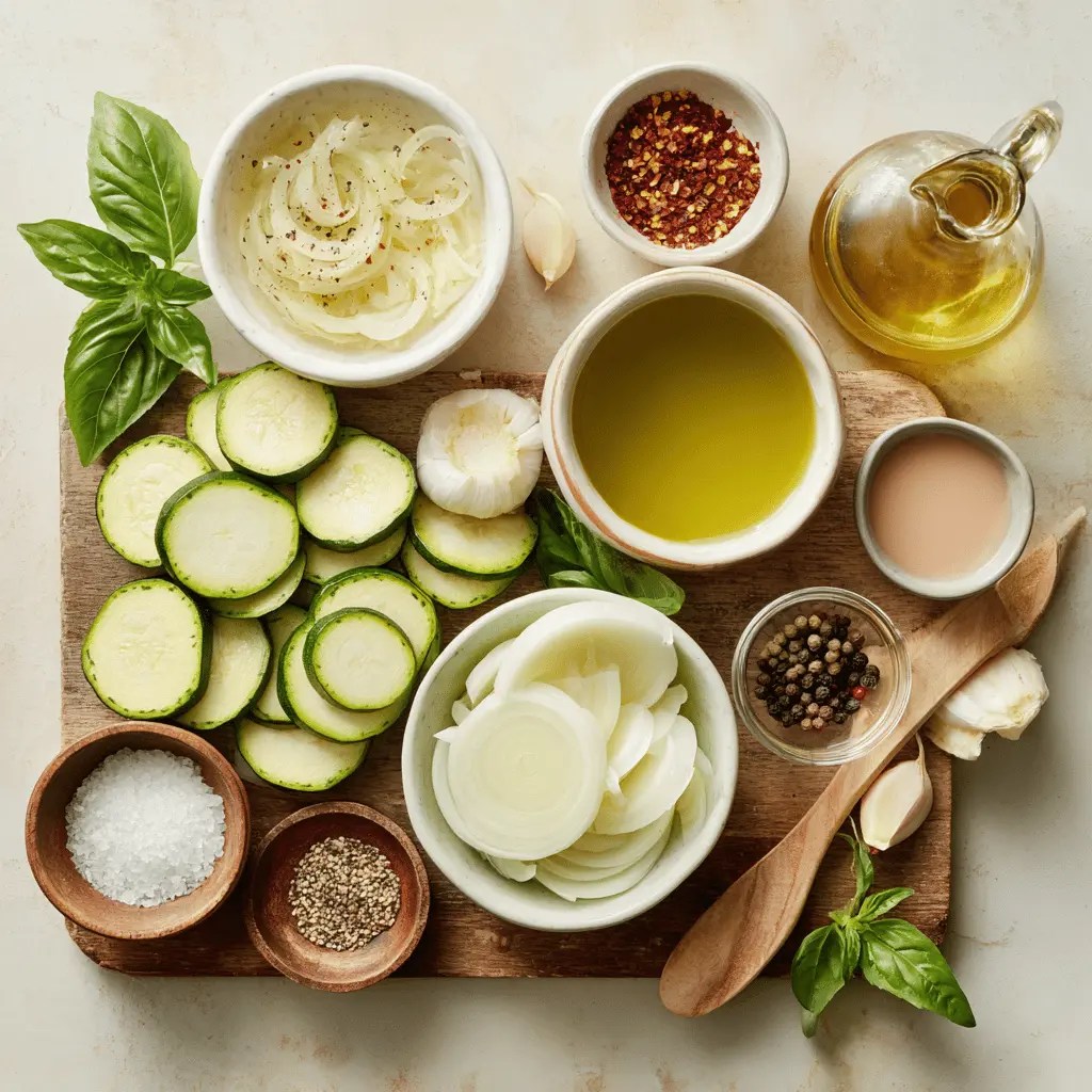 Ingredients for vegan zucchini soup laid out on counter, including chopped zucchini, onions, basil, olive oil, and spices