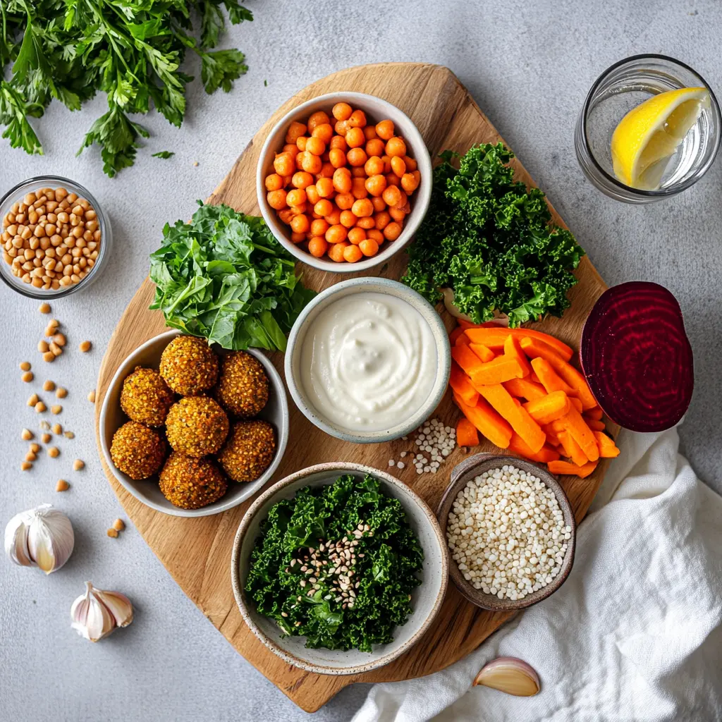 Colorful Winter Buddha Bowl ingredients including kale falafel pearl couscous beets tahini and fresh herbs