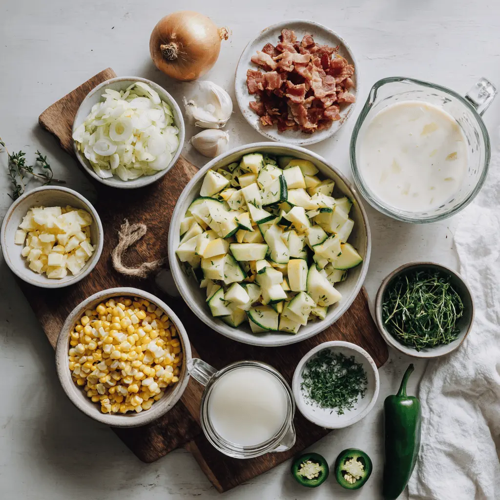 Fresh ingredients for zucchini corn chowder including zucchini, corn, potatoes, and bacon displayed on a table