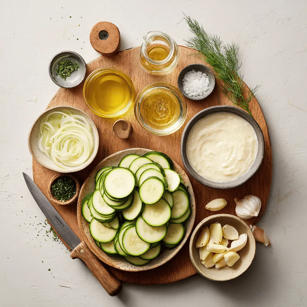 Fresh zucchini soup ingredients including garlic, onion, cream, and herbs on kitchen counter