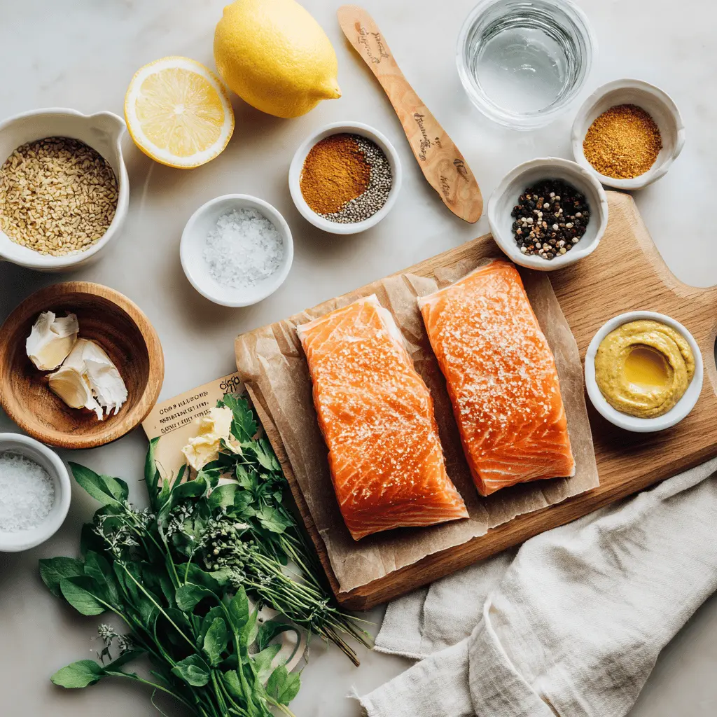 ingredients for air fryer salmon honey mustard including salmon fillets, mustard, honey, lemon, garlic powder, paprika and seasonings