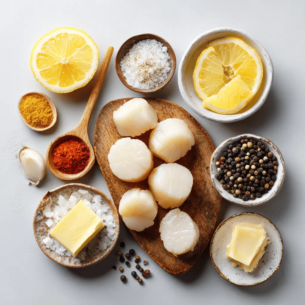 Ingredients for air fryer scallops including lemon, butter, paprika, seasoning, and sea scallops laid on a cutting board