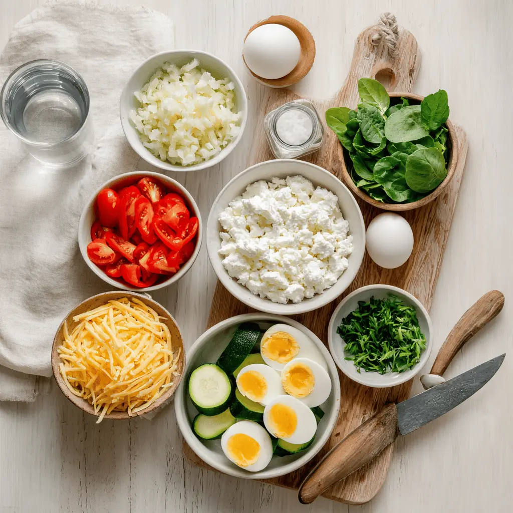 Ingredients for egg salad with cottage cheese: hard-boiled eggs, cottage cheese, mustard, and herbs arranged on a napkin with colorful peppers