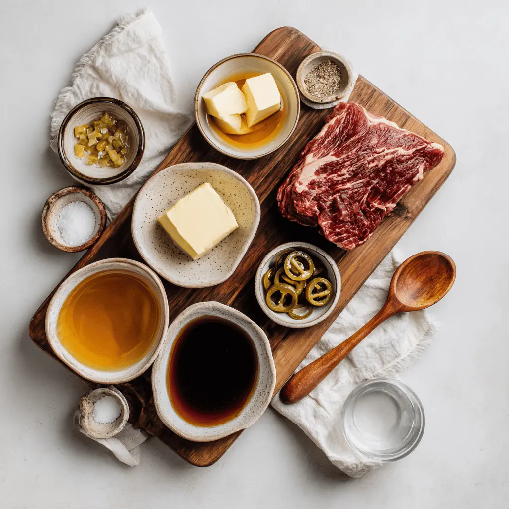 Five essential ingredients for Mississippi pot roast including chuck roast, butter, seasoning packets, and jalapeños on a white napkin
