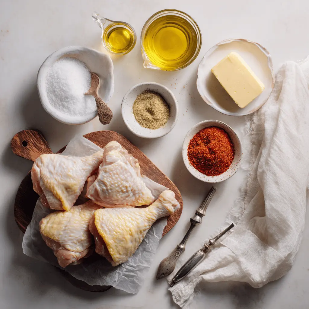 Ingredients for pan fried chicken thighs crispy recipe including bone-in chicken thighs, spices, broth, and butter arranged on a white towel beside a clear glass of water