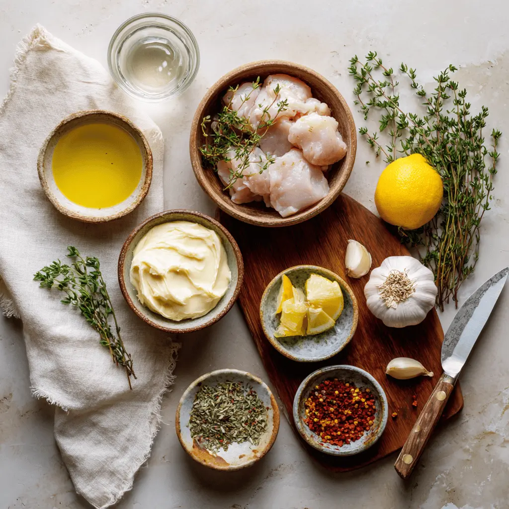 Ingredients for skillet crispy chicken thighs including bone-in skin-on chicken, garlic, thyme, and lemon on white napkin