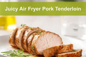 Juicy Air Fryer Pork Tenderloin on white napkin with glass of water, warm natural light