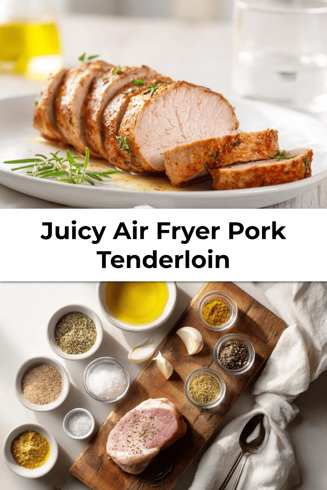 Finished Juicy Air Fryer Pork Tenderloin sliced on wooden board with herbs, perfect for dinner parties or family meals