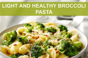 LIGHT AND HEALTHY BROCCOLI PASTA plated with broccoli florets garlic and grated cheese warm natural light