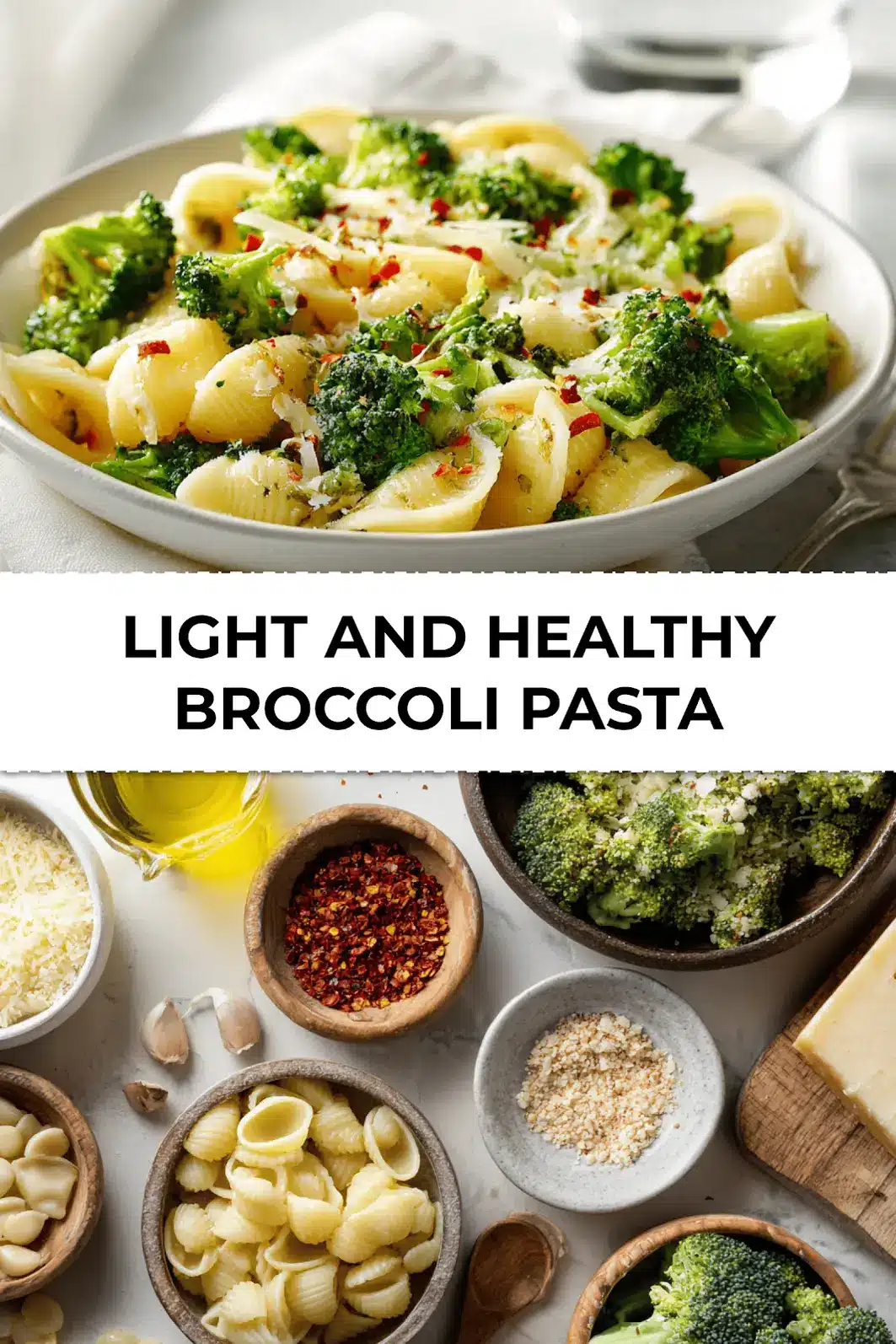 Bowl of light and healthy broccoli pasta with parmesan and shell pasta plated on natural wood surface with backlight