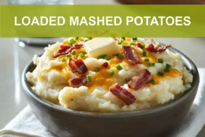 LOADED MASHED POTATOES topped with melted cheddar bacon chives butter and creamy white sauce on white cloth