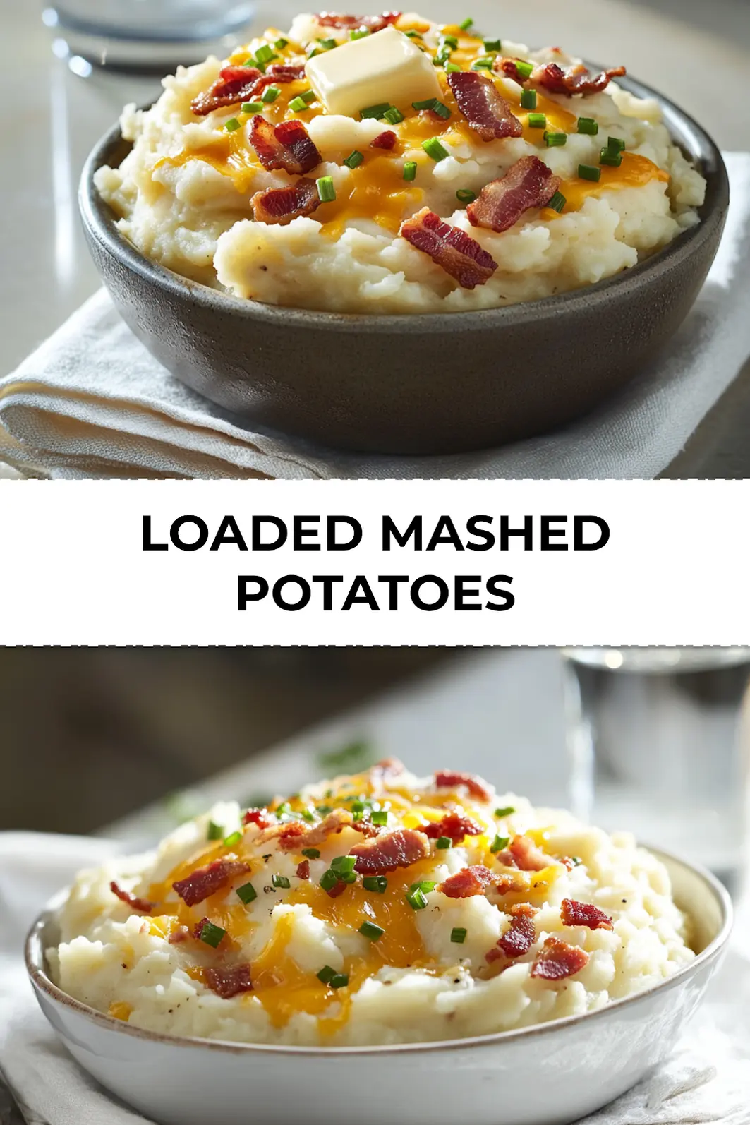 Close-up of loaded mashed potatoes topped with cheese, bacon, chives and served in a white ceramic dish
