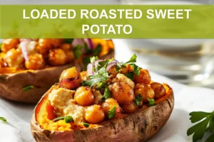 LOADED ROASTED SWEET POTATO with hummus crispy chickpeas red onion herbs crumbled cheese olive oil drizzle